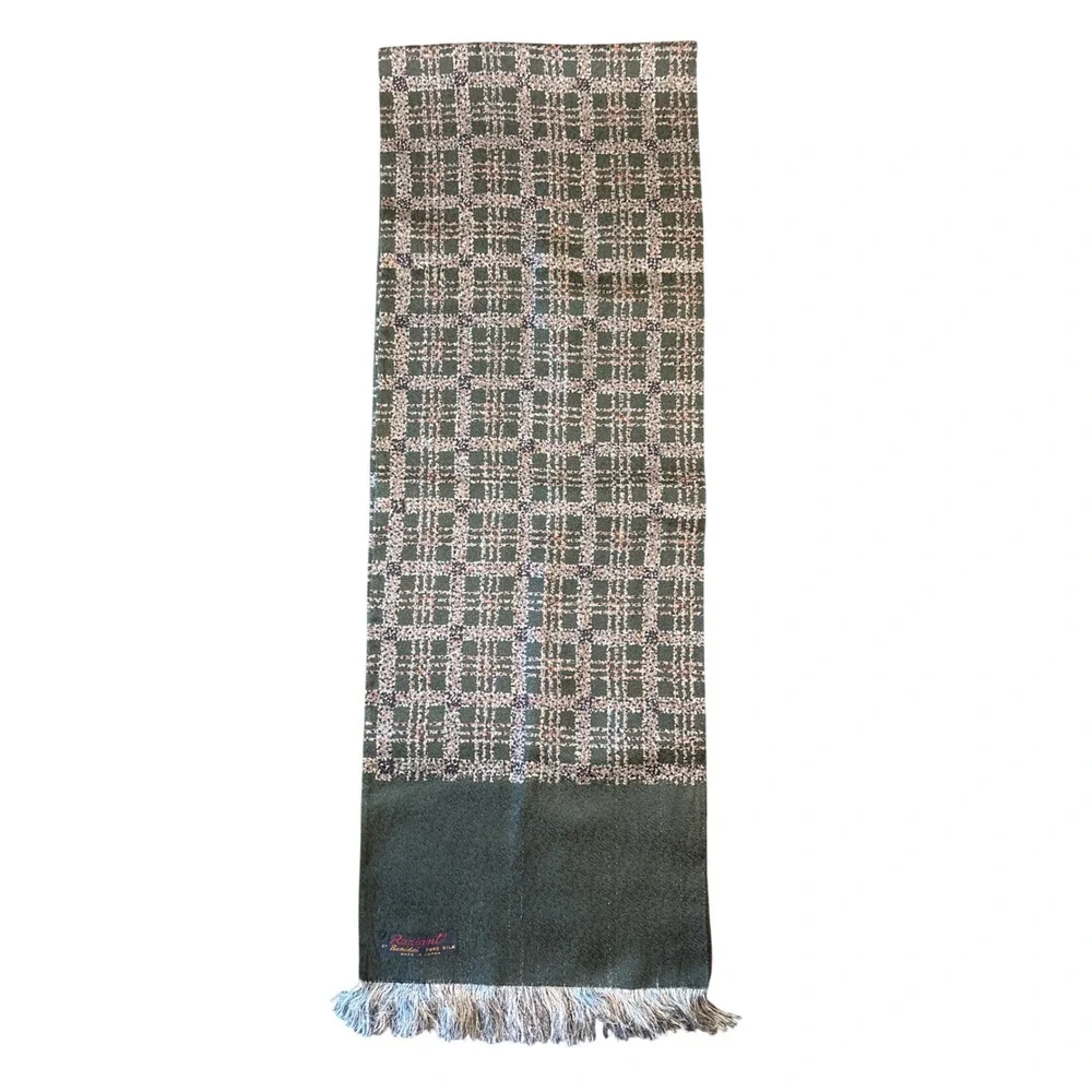 Vintage Radiant by Benidai‎ Pure Silk Scarf Green Plaid Fringe Made in Japan